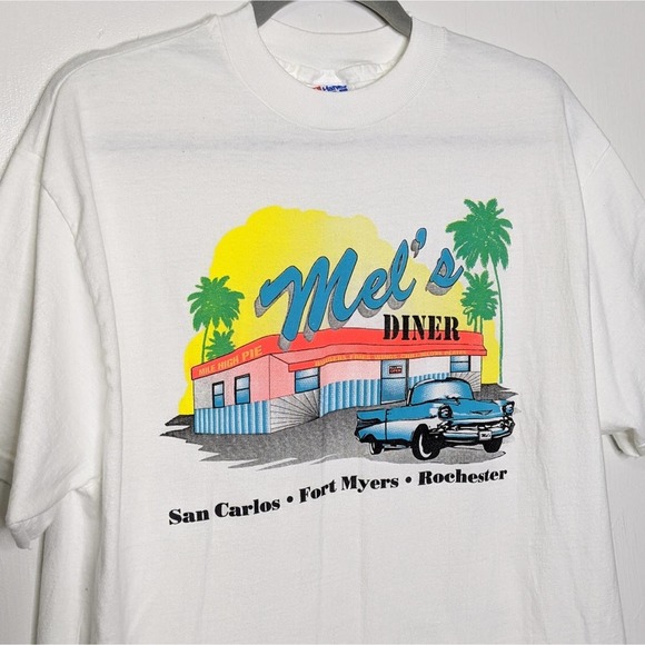 Vintage Mels Diner Car Auto Automobile Single Stitch Shirt White Hanes Large VTG - Picture 2 of 5